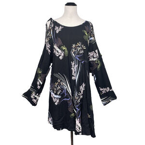 NWT Free People Womens L Black Floral Cold Shoulder Tunic Dress Long Slv Boho